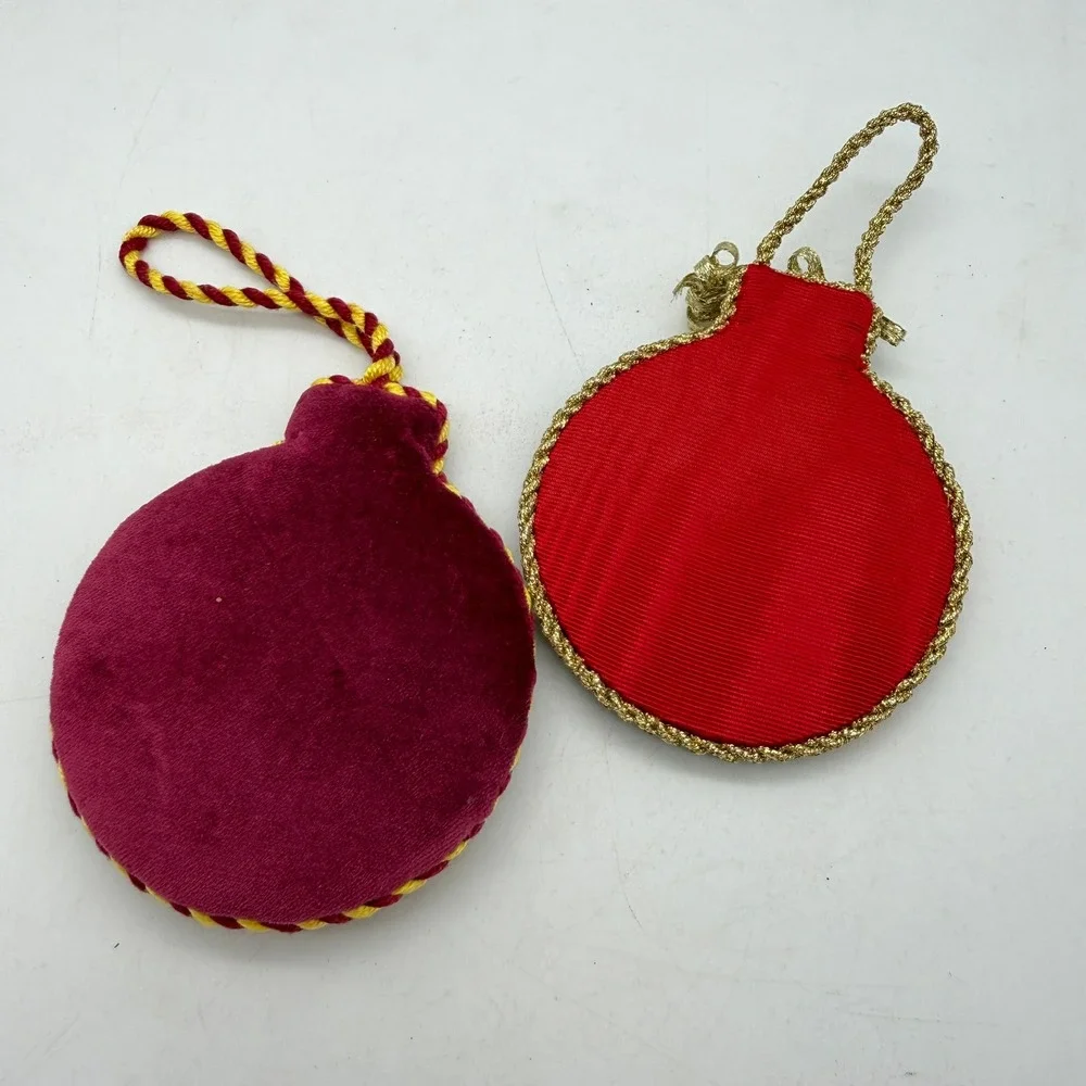 Vintage Needlepoint Heart & Abstract Embroidered Christmas Ornaments‎ Set of 2